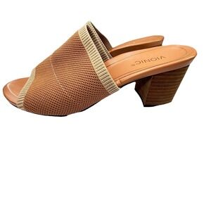 Vionic Fleur Tan Stretch Knit Open Toe Slides Block Heel Comfort Shoe Size 9.5